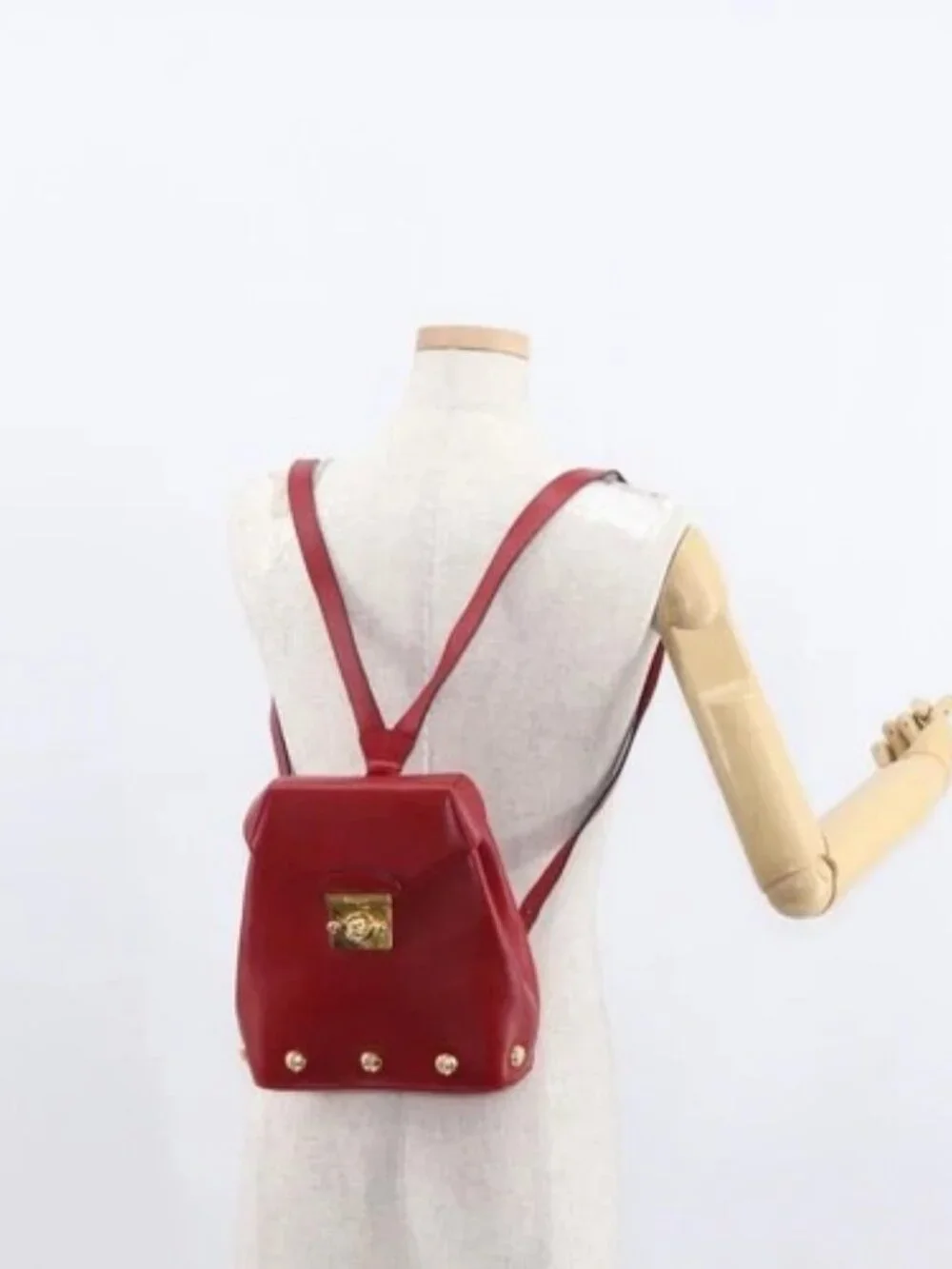 Salvatore Ferragamo Backpack Leather Red Gold Auth 150428